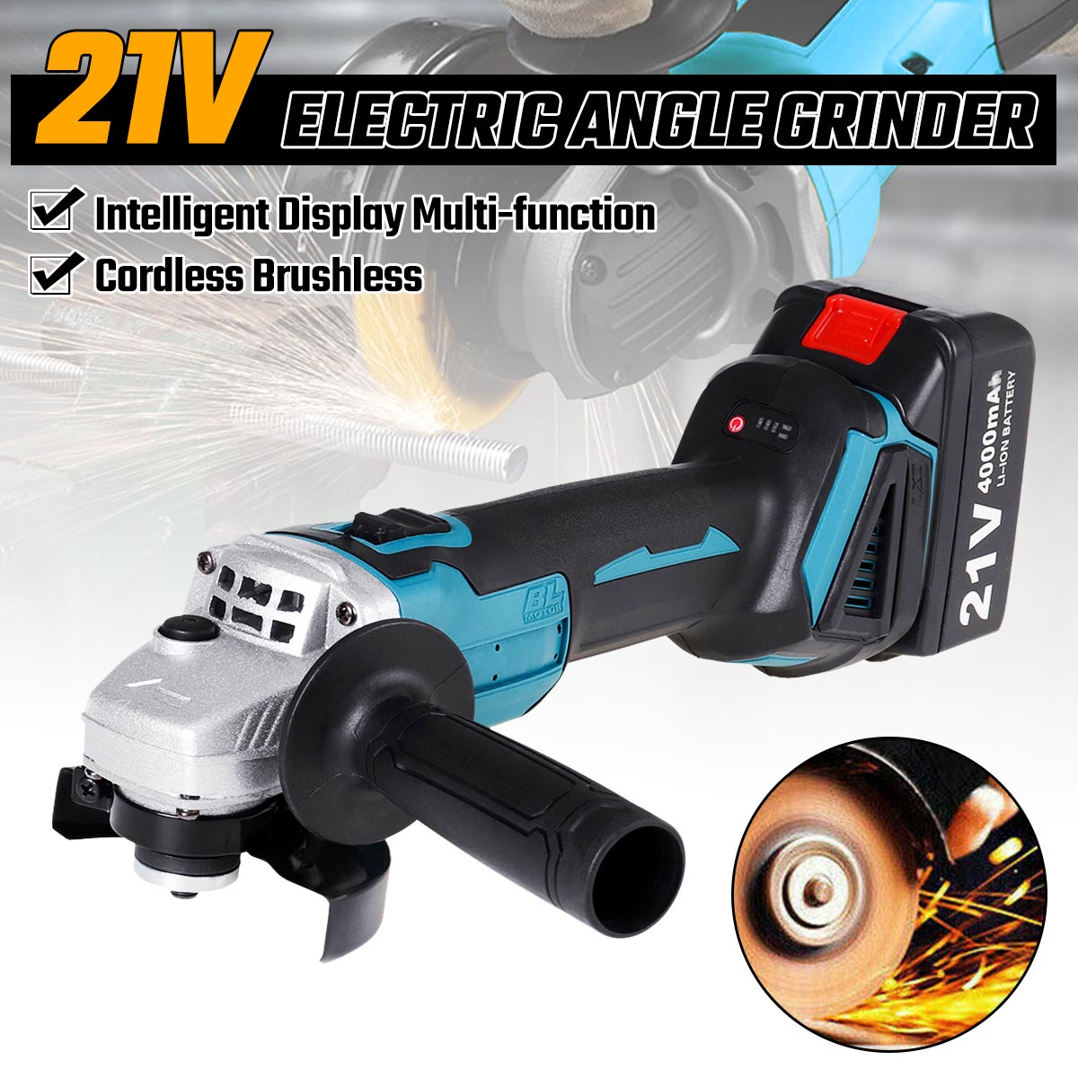 800W 21V 100mm Brushless Cordless Impact Angle Grinder Power Tools Polishing Grinding Metal Cutting Machine with Battery