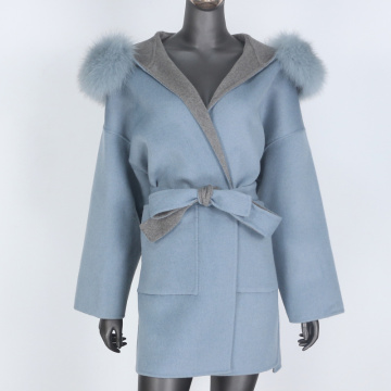 BLUENESSFAIR 2020 Cashmere Wool Blends Winter Jacket Women Oversize Real Natural Fox Fur Collar Coat Outerwear Belt Streetwear