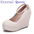 Crystal Queen Woman Platform Wedges White Ivory Pearl Crystal Rhinestone Wedding Bridal Shoes High Heels Pumps Wedges 11.5cm