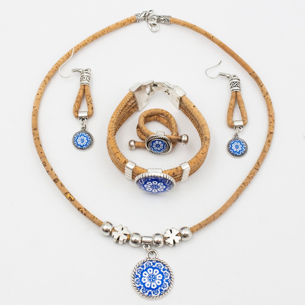 Cork jewelry set from Portugal traditional ceramic tile pattern blue flower original Natural materials wooden jewelry SET-070-1