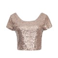Newest Sexy Backless Crop Top Fashion Spring Summer Women O-neck Short Sleeve Sequin Short T shirt Female Slim Tops