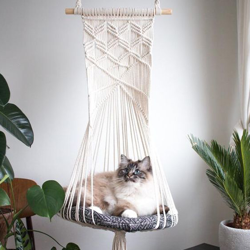 Hand-Woven Hanging Basket Cotton Pet Nest Cat Dog Hammock Thread Toy Swing Bohemian Wall Hanging Macrame 5 Sizes