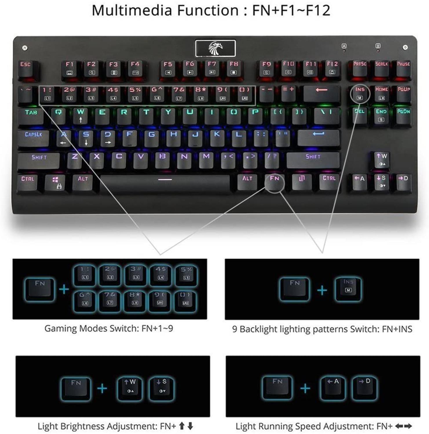 Z-77 87 key mechanical keyboard LED multicolor backlit metal Outemu switch for professional games and typists (black, white)