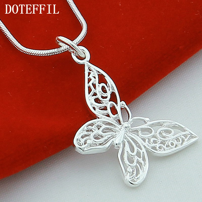 DOTEFFIL 925 Sterling Silver Butterfly Pendant Necklace 18/20/22/24 inch Snake Chain For Women Wedding Engagement Jewelry