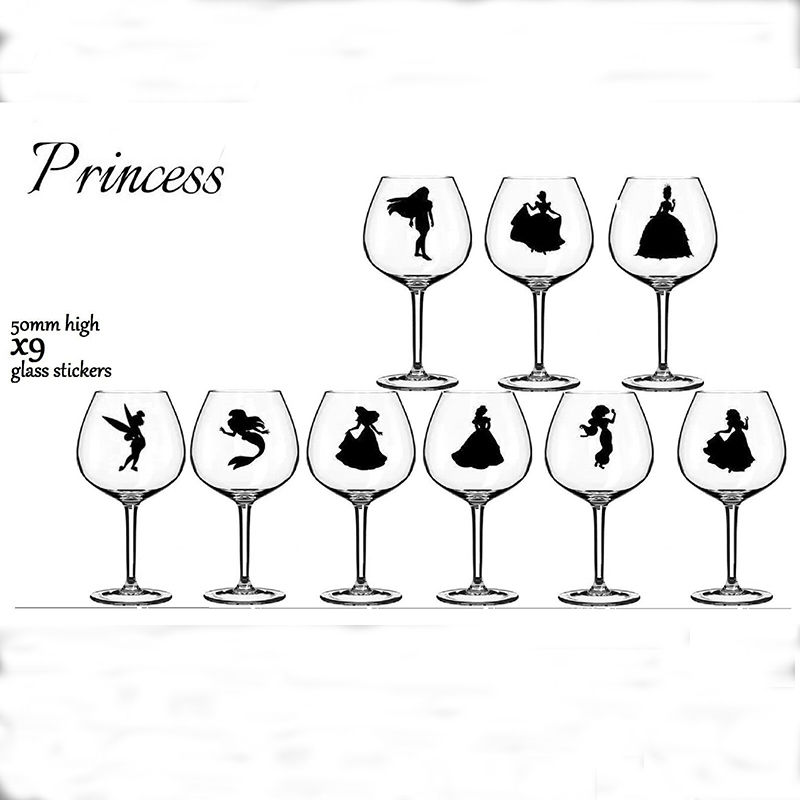 Set Of 9 Princess Glass Stickers Wine Cup Decal Princesses Fairytale Mug Glass Cup Bear Sticker Decal Vinyl Bar Decor