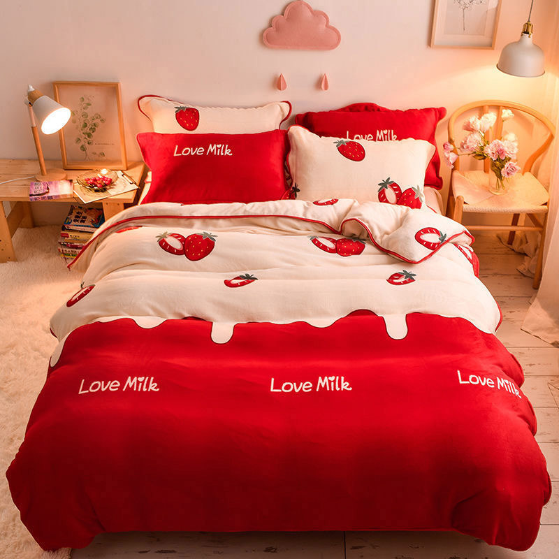 JUSTCHIC Cute Cartoon Strawberry Duvet Cover Winter Milk Cashmere Double-sided Printing Plus Velvet Quilt Cover Double Queen