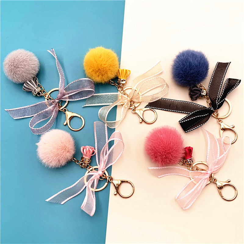 Elegant Lace Bow-Knot Round Ball Keychain for Women Girl Cute Pompom Faux Mink Fur Key Chain Bag Charms Keyring Party Gift