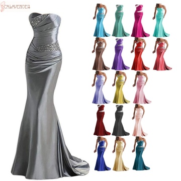 Gray Bridesmaid Dresses Mermaid Strapless Crystals Beaded vestido de fiesta de boda Pleated Long Wedding Party Dress