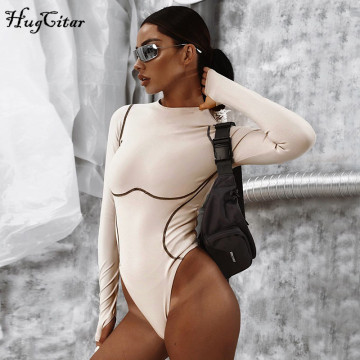 Hugcitar 2019 long sleeve striped line patchwork bodycon sexy playsuit autumn winter women streetwear outfits female body