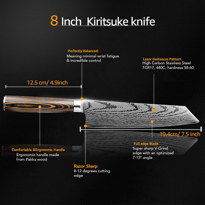 Chef Knife Kitchen Knives Set Japanese 7CR17 440C High Carbon Stainless Steel Imitation Damascus Sanding Laser Knife Dropship