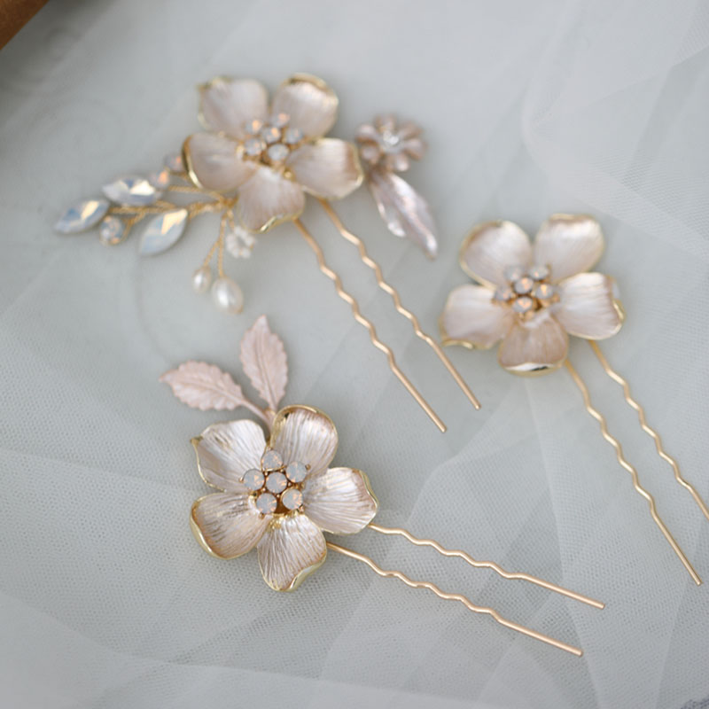 SLBRIDAL Handmade Opal Crystal Pearl Alloy Flower Bridal Hair Comb Hair Clip Hair Pin Set Wedding Hair Accessories Women Jewelry