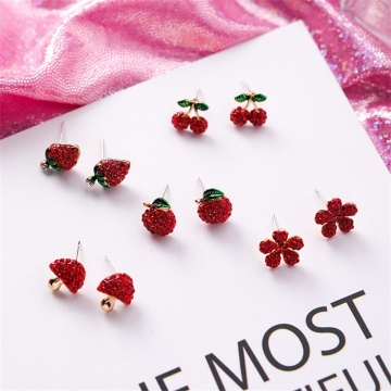 2020 Food Cherry Strawberry Apple Fruit Earrings Small Fresh Crystal Flower Mushroom Inlaid Crystal Ladies Earrings Jewelry Gift