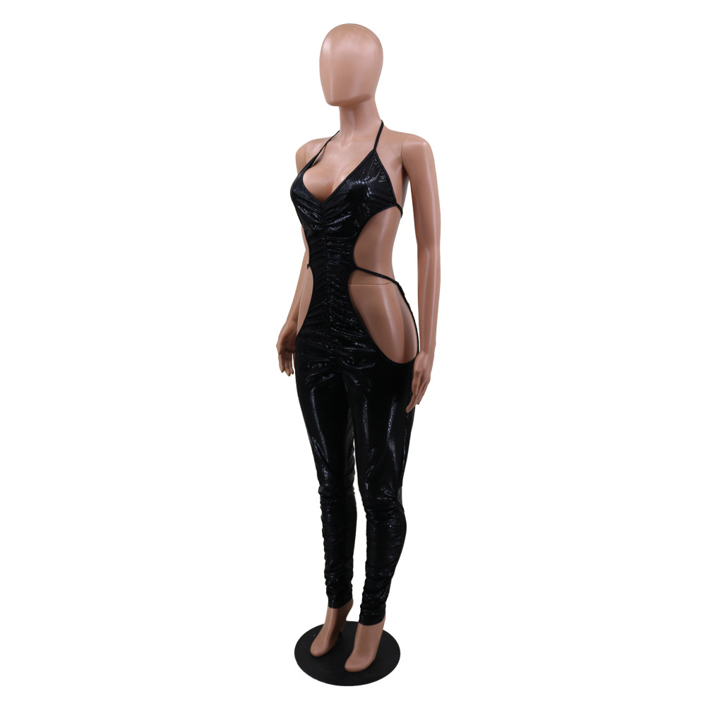Adogirl 2020 New Solid Black Snakeskin Pleated Jumpsuit Women Sexy Deep V Neck Lace Up Halter Back Night Club Stacked Romper