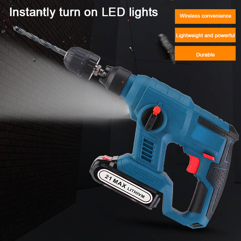 21V Electric Hammer Cordless Lithium-Ion Hammer Drill Electric Perforator impact hammer with LED light