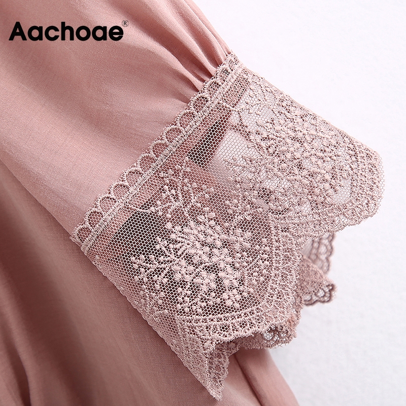 Aachoae Women Elegant Lace Patchwork Blouses Deep V Neck Pink Cotton Crop Top Shirt Puff Short Sleeve Vintage Summer Blouse 2020