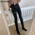 BGTEEVER High Street Buttons Women Skinny Denim Jeans 2020 New Autumn High Waist Ripped Holes Tassels Pencil Jeans Female