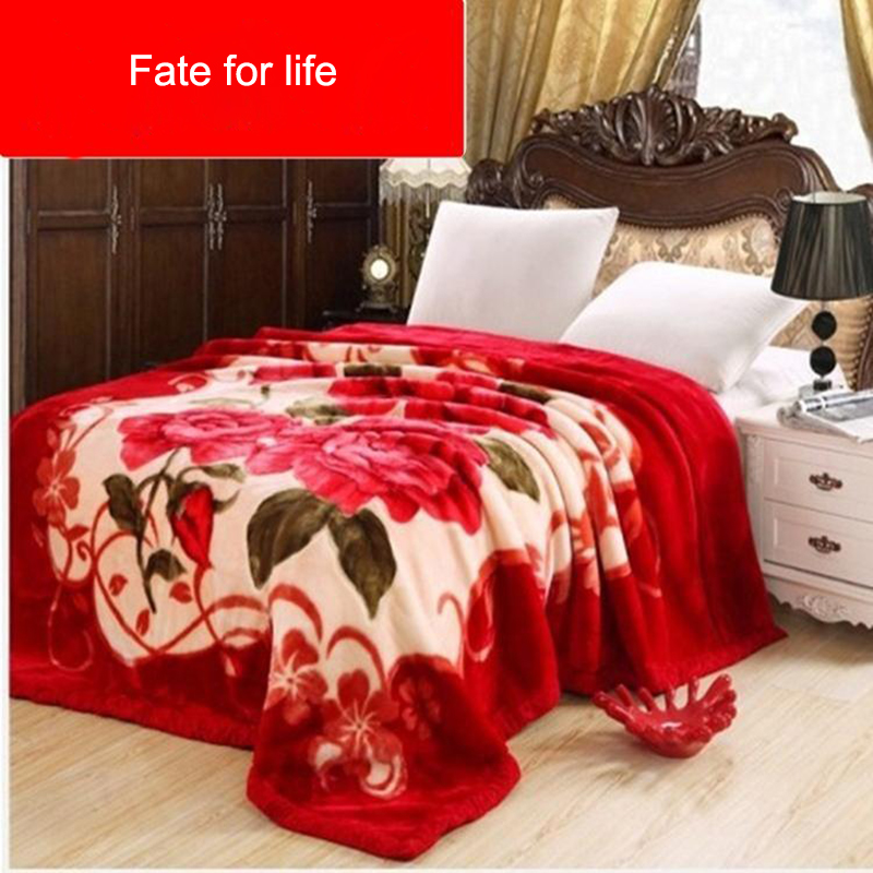 Double Layer Winter Thicken Raschel Plush Weighted Blanket For Double Bed Warm Heavy Fluffy Soft Flowers Printed Throw Blankets