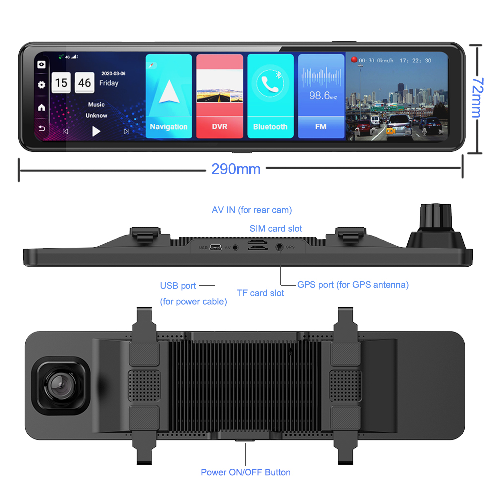 hisung newest 4+32G Android 8.1 rearview mirror camera 3 split 12" screen dual DVR ADAS wifi BT dash cam dvrs video recorder