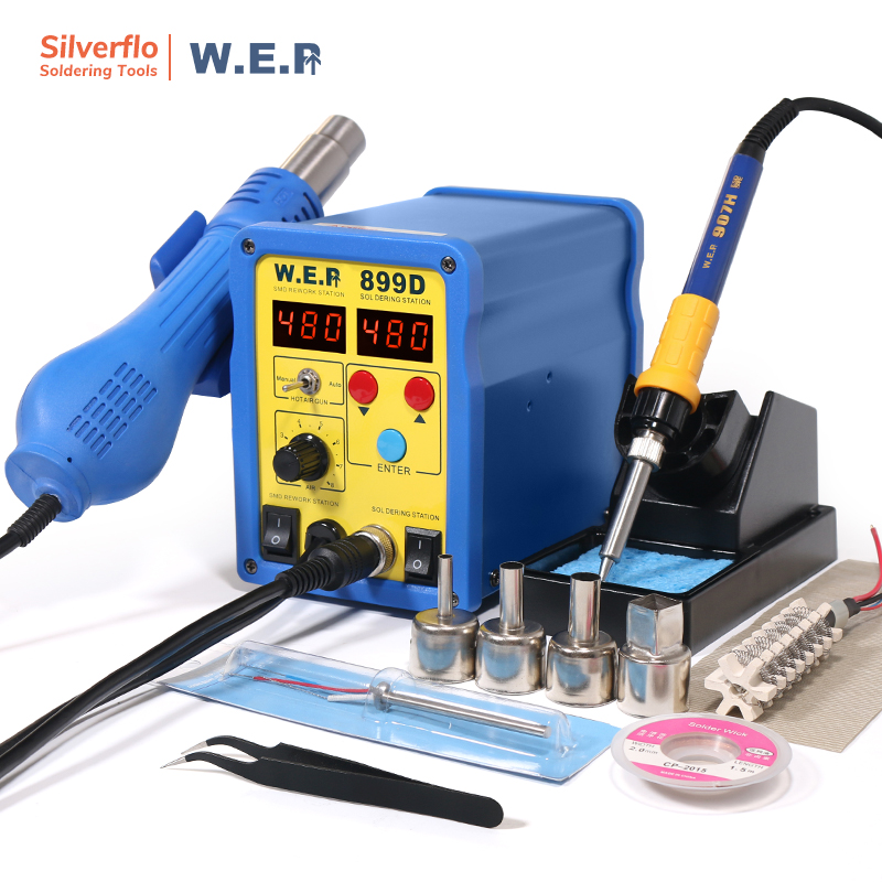 WEP 899D Double Digital Display Soldering Station With Soldering Iron Heat Gun Auto Manual Hot Air Gun Desoldering Station