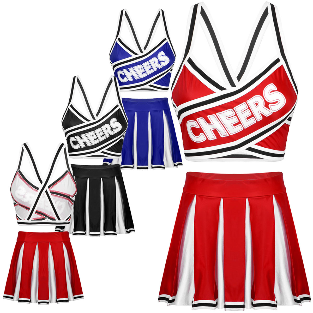 2Pcs Women Cheerleading Uniforms Outfit Elastic Striped Straps Crop Top with High Waist Pleated Skirt Adults Cheerleader Costume