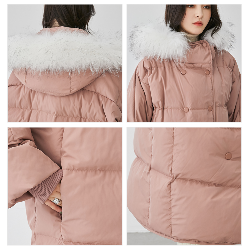 YAYA Women's Winter Duck Down Jacket Over-The-Knee Length Thick Warm Down Coat Real Raccoon Fur Collar Hooded Outerwear