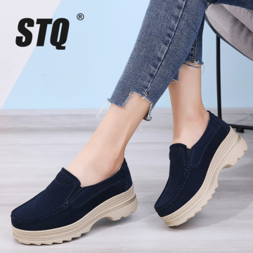 STQ 2020 Autumn Platform Sneakers Shoes Suede Leather Slip On Loafers Creepers Ladies Casual Flat Sneakers Shoes 3216