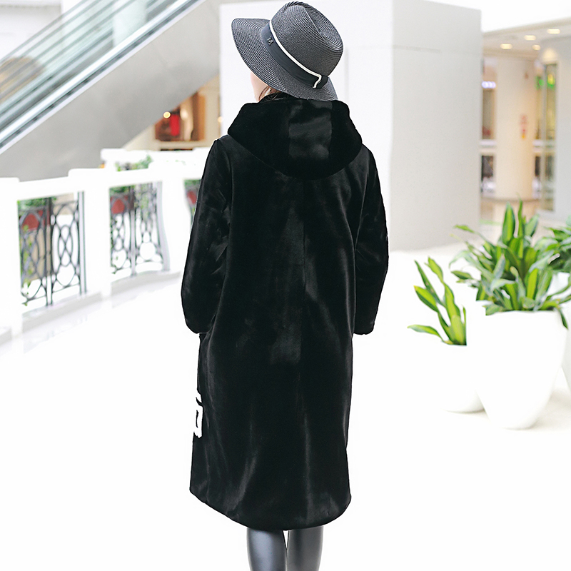 Nerazzurri Black and white color block womens faux fur coat with hood 2019 winter Long warm furry fake rex rabbit fur overcoat