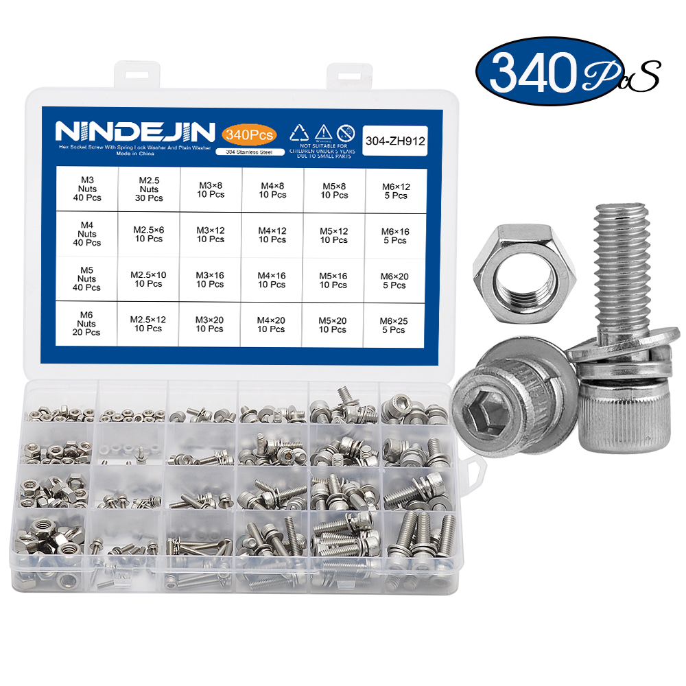 340pcs Hex Socket Head Cap Screw with Washer and Nut Three Sem Screw M2.5 M3 M4 M5 M6 Stainless Steel Three Combination Thread