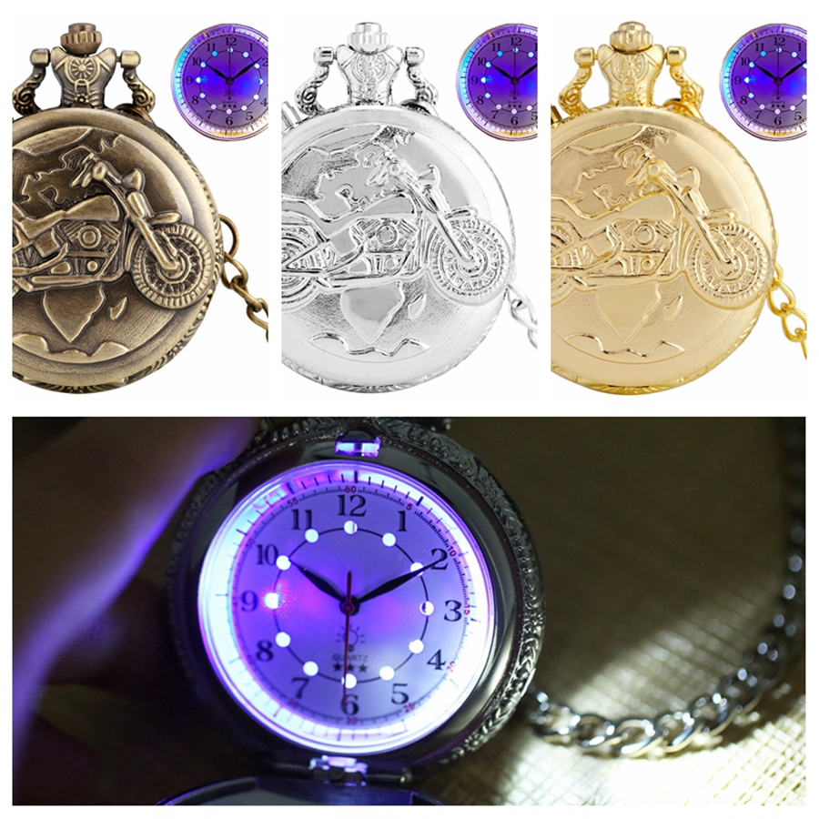 Bronze Luminous LED Dial Motorcycle Motorbike MOTO Quartz Pocket Watch Chain Carved Steampunk Chain Pocket Fob Watch Clock Gifts
