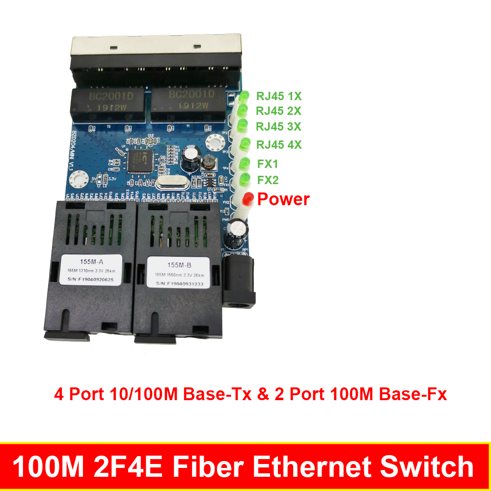 2F4E Fast Erhetnet 30 PCS 2F4E 10/100M Ethernet Switch 2 Fiber Port SC 25KM 4 UTP RJ45 Fiber Optical Switch PCBA Board