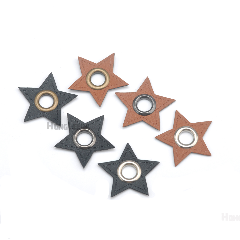 30pcs/lot STAR black/brown PU leather sew on Badges patch labels + inner 8mm metal brass eyelets grommets free ship
