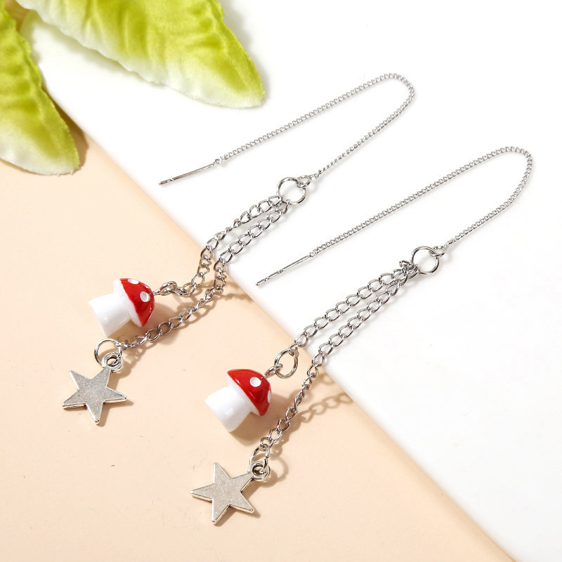 Fashion Simple Silver Color Metal Chain Star Pendant Dangle Earrings For Women Cute Red White Mushroom Drop Earring Jewelry