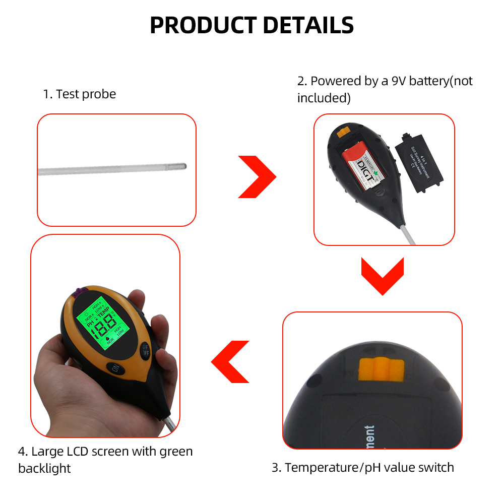 Digital 4 In 1 Soil PH Meter Soil Temperature Solar Moisture PH Meter tester for Garden Plants Flowers LCD Display 40%off