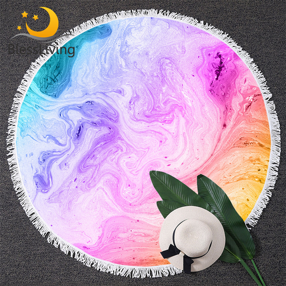 BlessLiving Colorful Marble Large Round Beach Towel for Adult Pastel Quicksand Bath Towel Bright Girly Sunblock Blanket Cover