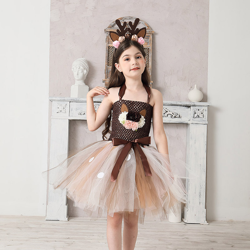 Deer Costume Girls Halloween Christmas Fancy Dress Flower Reindeer Bambi Kids Tutu Dress with Headband Children New Year Clothes (5)