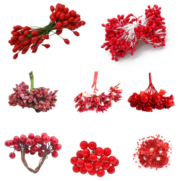 Red Bright Mix Artificial Fruit Cherry Berries Stamen 5/6/10/12/20/30/40/50/250pcs Fake Flowers for Wedding Festival Decor