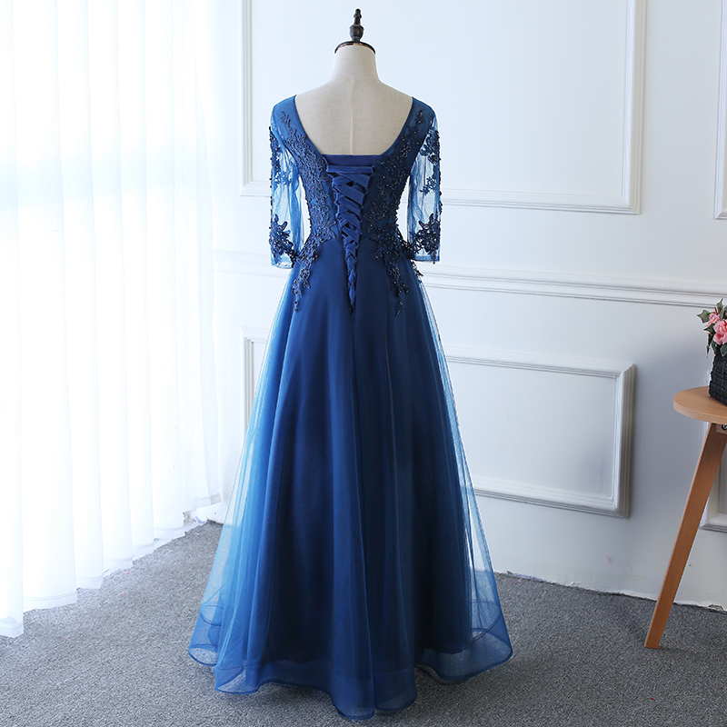 Hot Long Evening Dress Dark Blue Lace Embroidery 3/4 Sleeved Banquet Mother Of The Bride Dresses Robe De Soiree