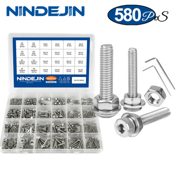 NINDEJIN 580pcs/set hex socket cap head screw nut set stainless steel m2 m3 m4 m5 hexagon flat round cap head screw assorted kit