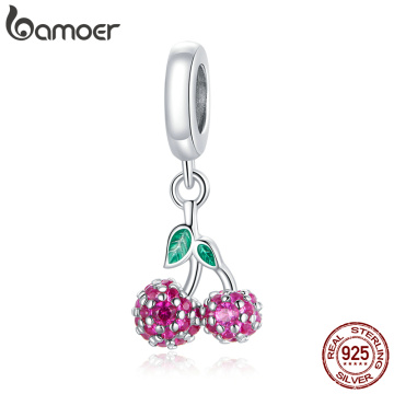 bamoer Authentic 925 Sterling Silver Fresh Cherry Charm for Original Silver Beads Bracelet & Bangle DIY Jewelry making BSC401