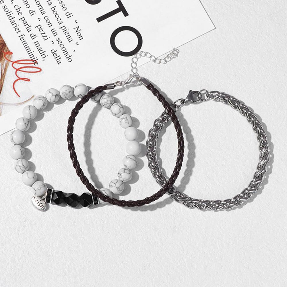 New Style 3pc a Set Gemstone Round Beads Bracelet Leather Bangle for Men