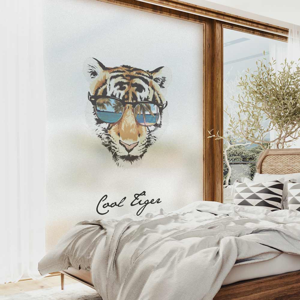 Creative Stained Window Film Cool Tiger Wear Sunglasses Funny Bathroom Window Sticker for Home Decor Window Film Privacy Cling