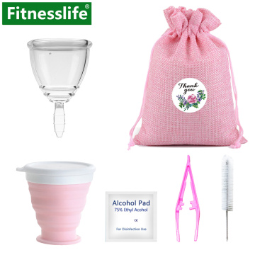 Menstrual Cup with Sterilizer Period Lady Cup Wipe Brush Case Leak-proof Medical Grade Silicone Women Feminine Hygiene Size S L