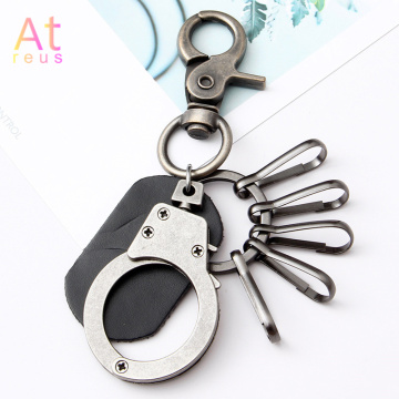 Creative police man Handcuffs Keychain Charms Pendant Car Key Keyring Handbag Key Chain with Hooks Leather