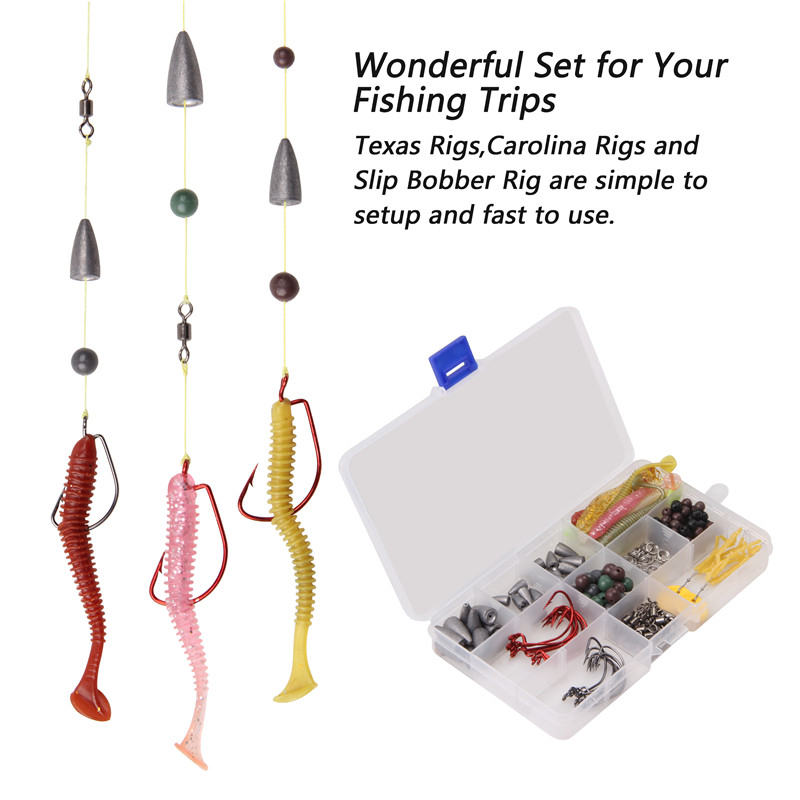 220pcs/box Texas rigs fishing tackle box set with bullet fishing sinkers jig hook float stoppers for bass trout lure fishing