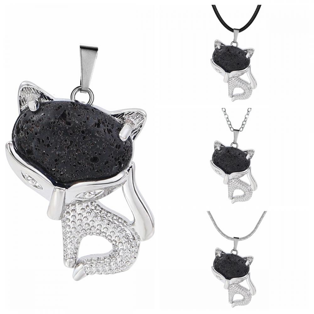 Lava Rock Stone Luck Fox Necklace for Women Men Healing Energy Crystal Amulet Animal Pendant Gemstone Jewelry Gifts