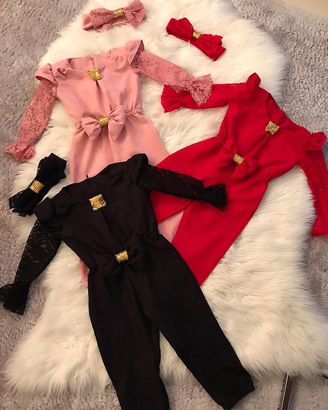 2020 New Baby Girl Clothes Fashion Kids Girl Sets 2Pcs Lace Flare Sleeve Bow Romper Headband Child Girl Clothes Streetwear 1-5Y