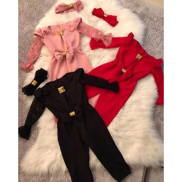 2020 New Baby Girl Clothes Fashion Kids Girl Sets 2Pcs Lace Flare Sleeve Bow Romper Headband Child Girl Clothes Streetwear 1-5Y