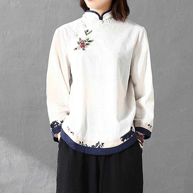 Women Traditional Chinese Shirt Loose Vintage Cheongsam Shirt Mandarin Collar Cotton Buckle Chinese Style Clothing Women FF2923