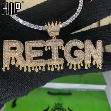 Hip Hop Custom Name Cubic Zircon Crown Drip Iced Out Bubble Letters Chain Pendants&Necklaces For Men Jewelry Cuban Tennis Chain