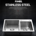 FOHEEL Kitchen Sink Double Bowl Above Counter Or Undermount Handmade Brushed Stainless Steel Kitchen Sinks Wastafel FKS02-1